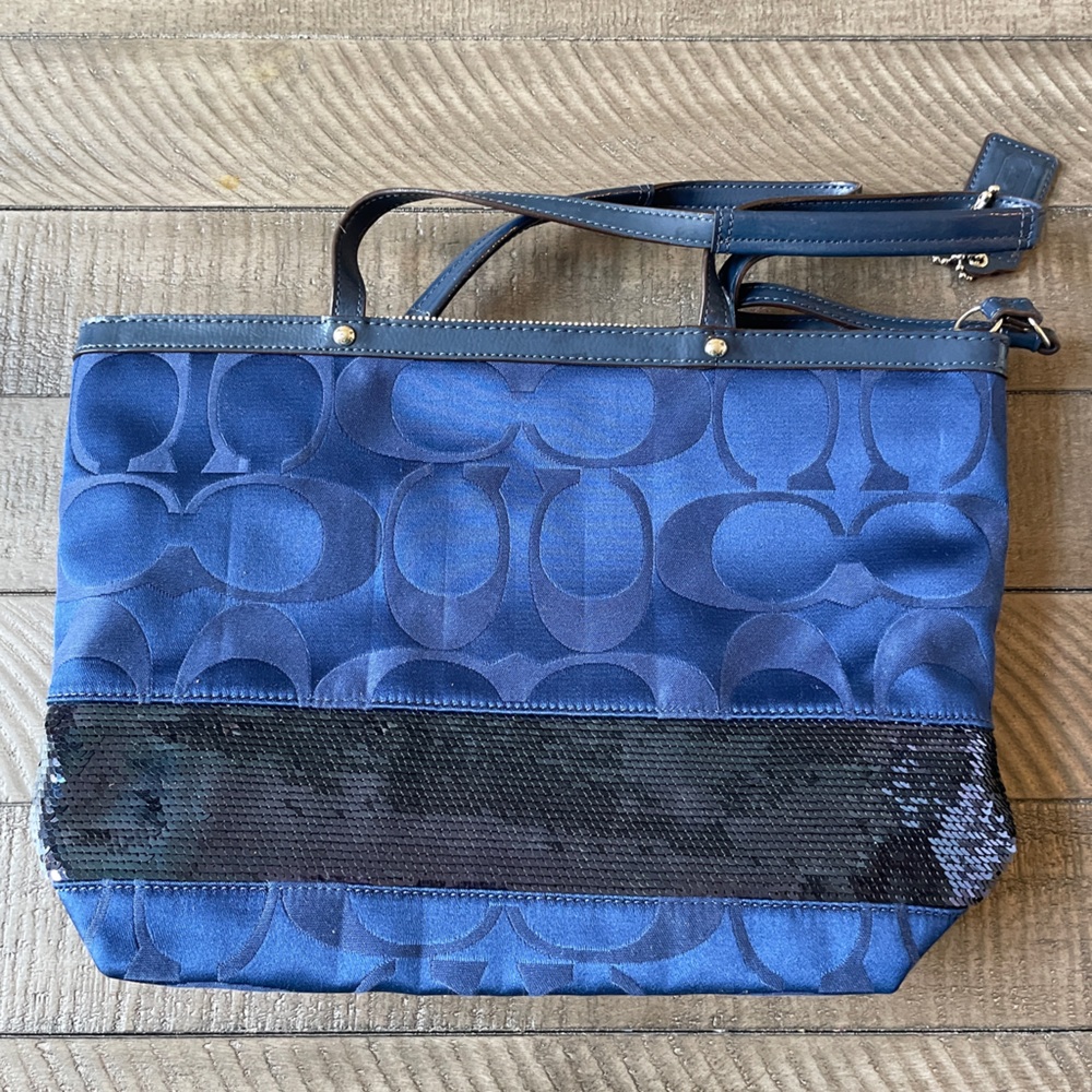 Coach Signature Stripe Blue Sequins Tote Bag